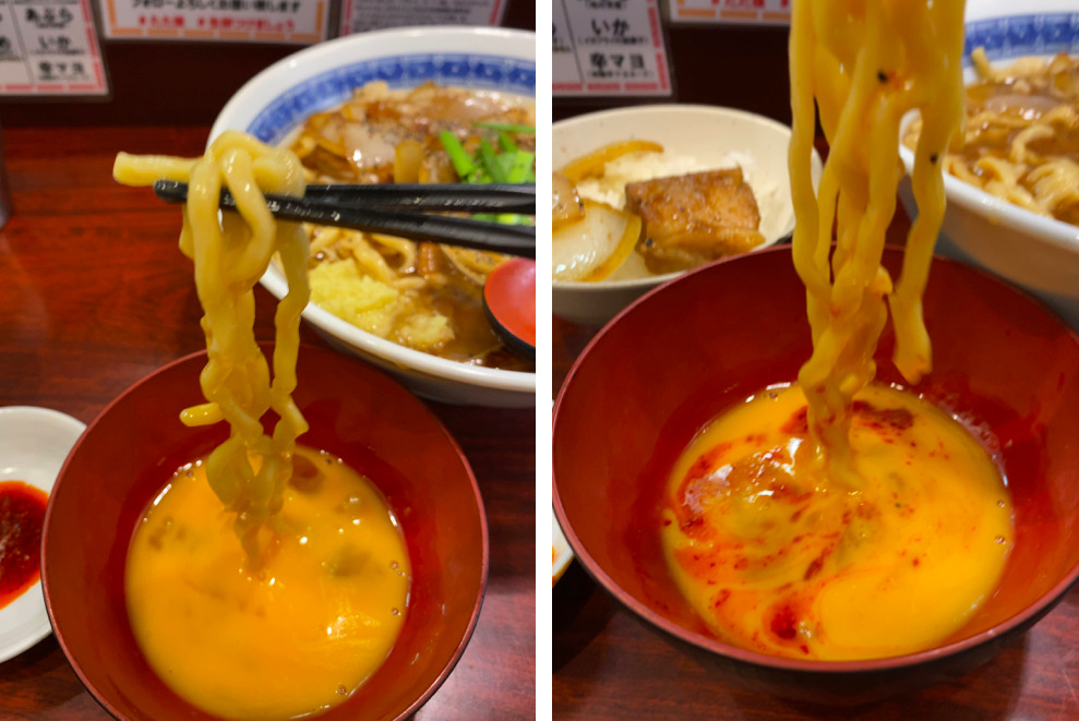 中華そば たた味オススメの食べ方 生卵に麺を付ける"すき焼きスタイル"の写真