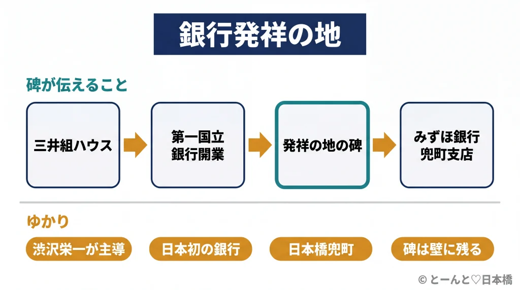 銀行発祥の地の碑が伝える物語を4ステップの流れ図と4つのゆかり要素で示した概念図