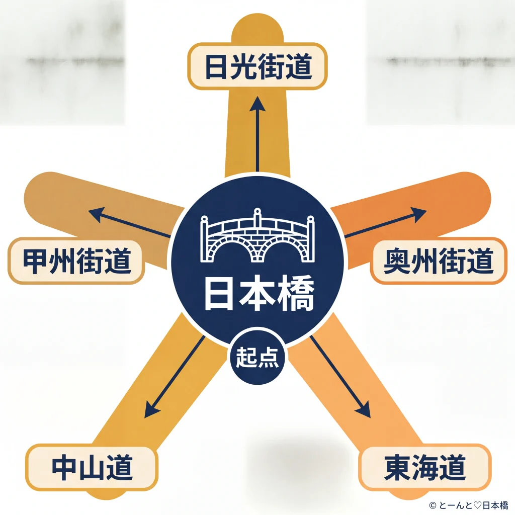 日本橋を中心に五街道が放射状に延びる概念図
