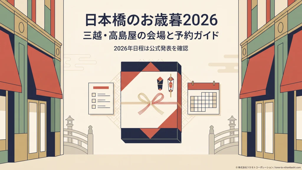 のし紙を掛けた贈り物と日本橋の街並みを描いた日本橋のお歳暮2026のイメージ