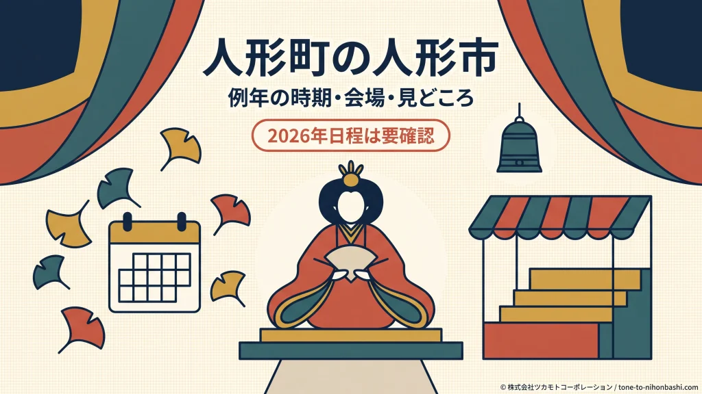 人形町の人形市の例年の時期と会場・見どころを示すアイキャッチ