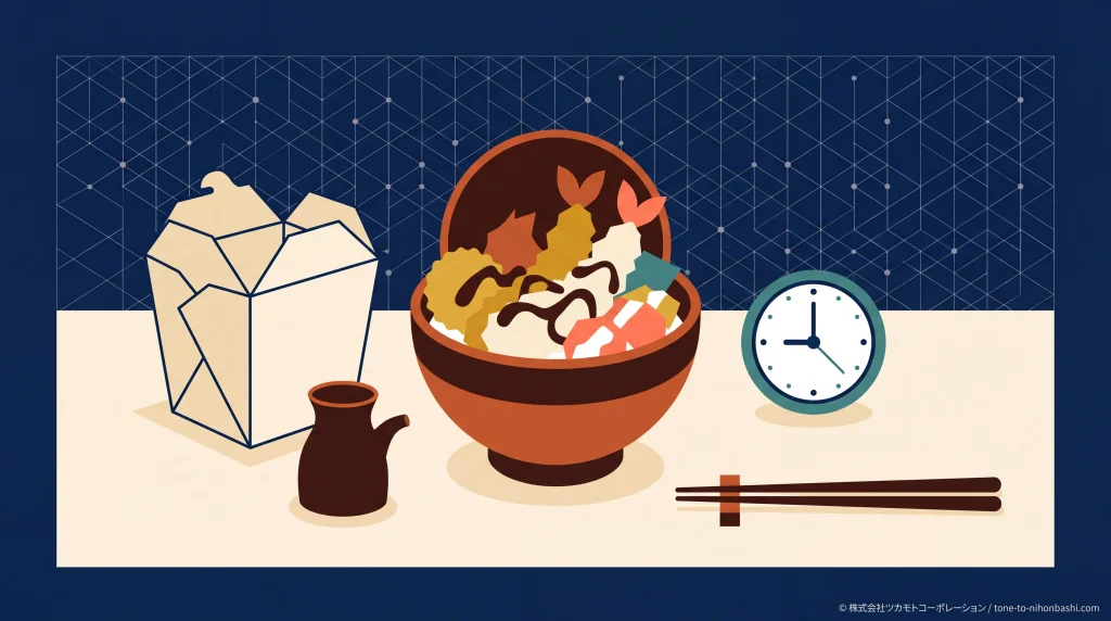 人形町の黒天丼とテイクアウトの選び方を表す天丼のフラットベクター画像