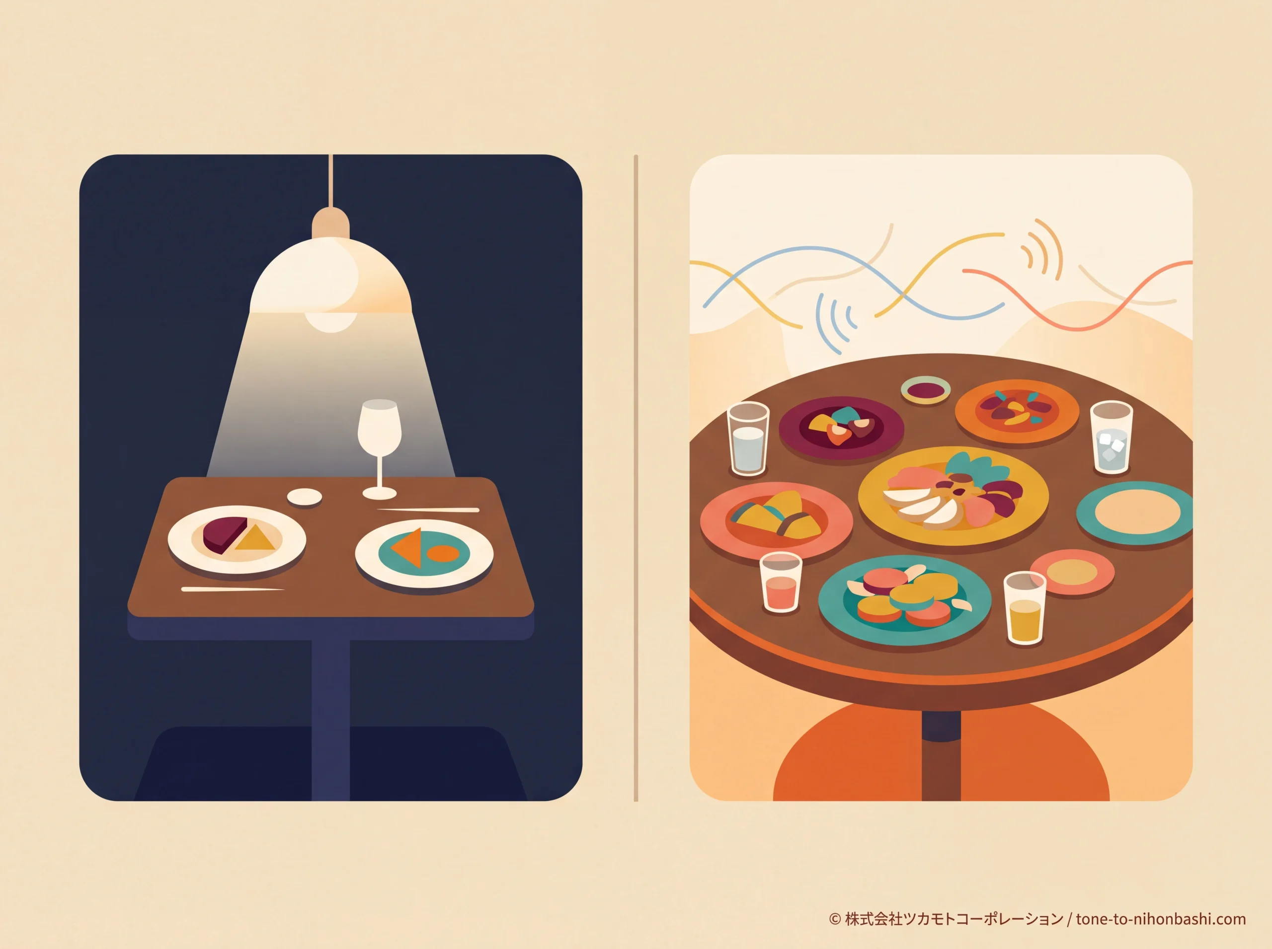 静かなコース料理と会話を楽しむディナーを対等に表す比較図