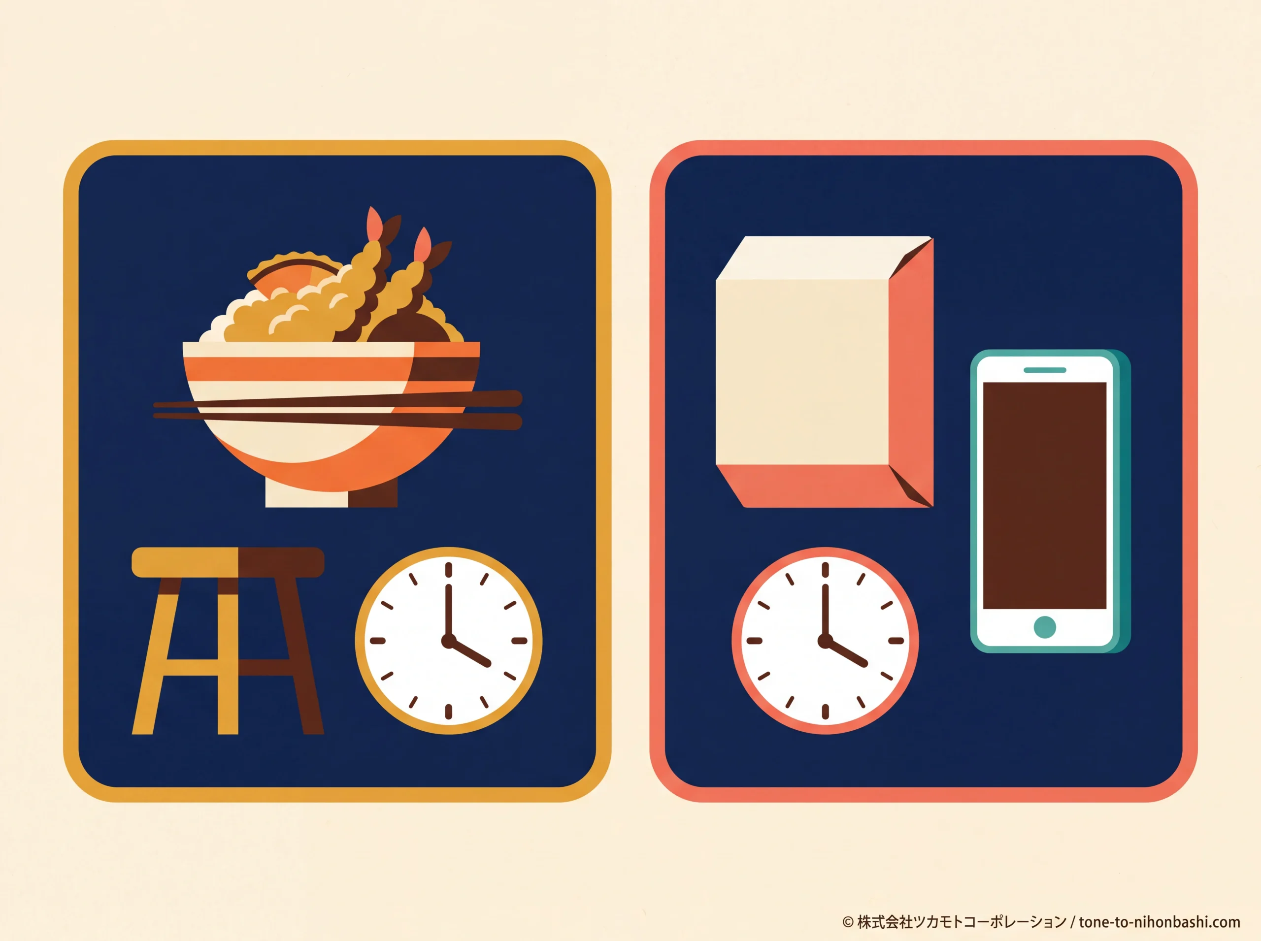 人形町の天丼を店内で食べる場合と持ち帰る場合の選び方を表す図