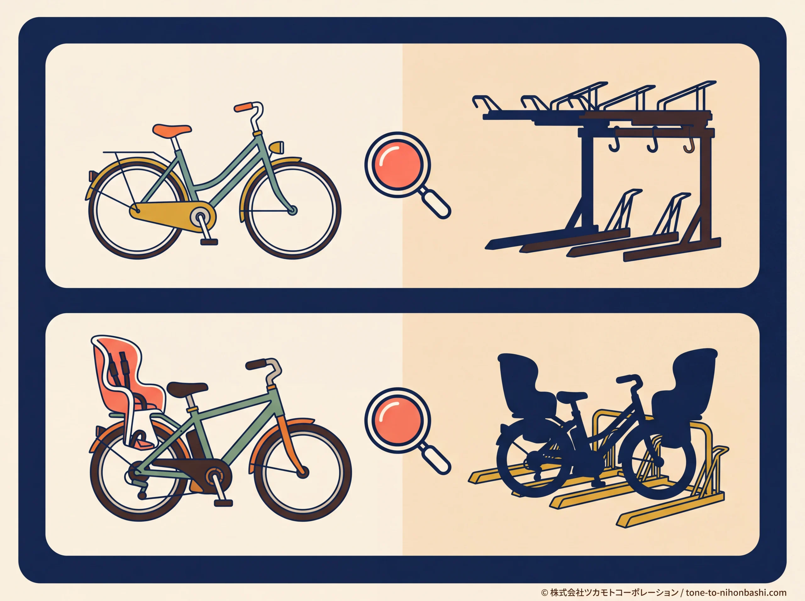 標準自転車と重い子乗せ自転車でラック適合を確認する概念図