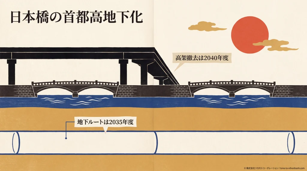 日本橋の首都高地下化の完成予定を表す木版画風の図