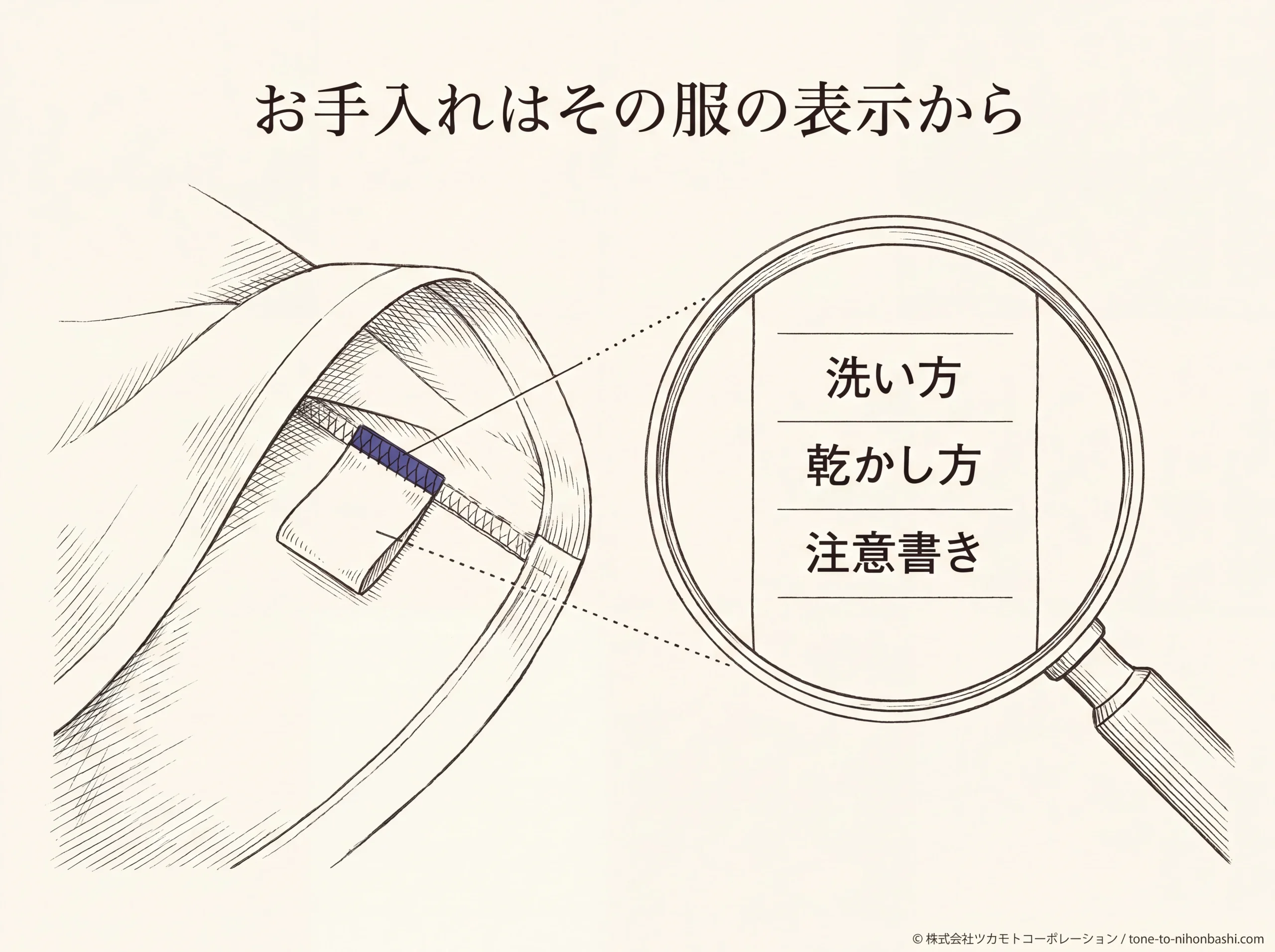 服の取扱表示と注意書きを見るイメージ