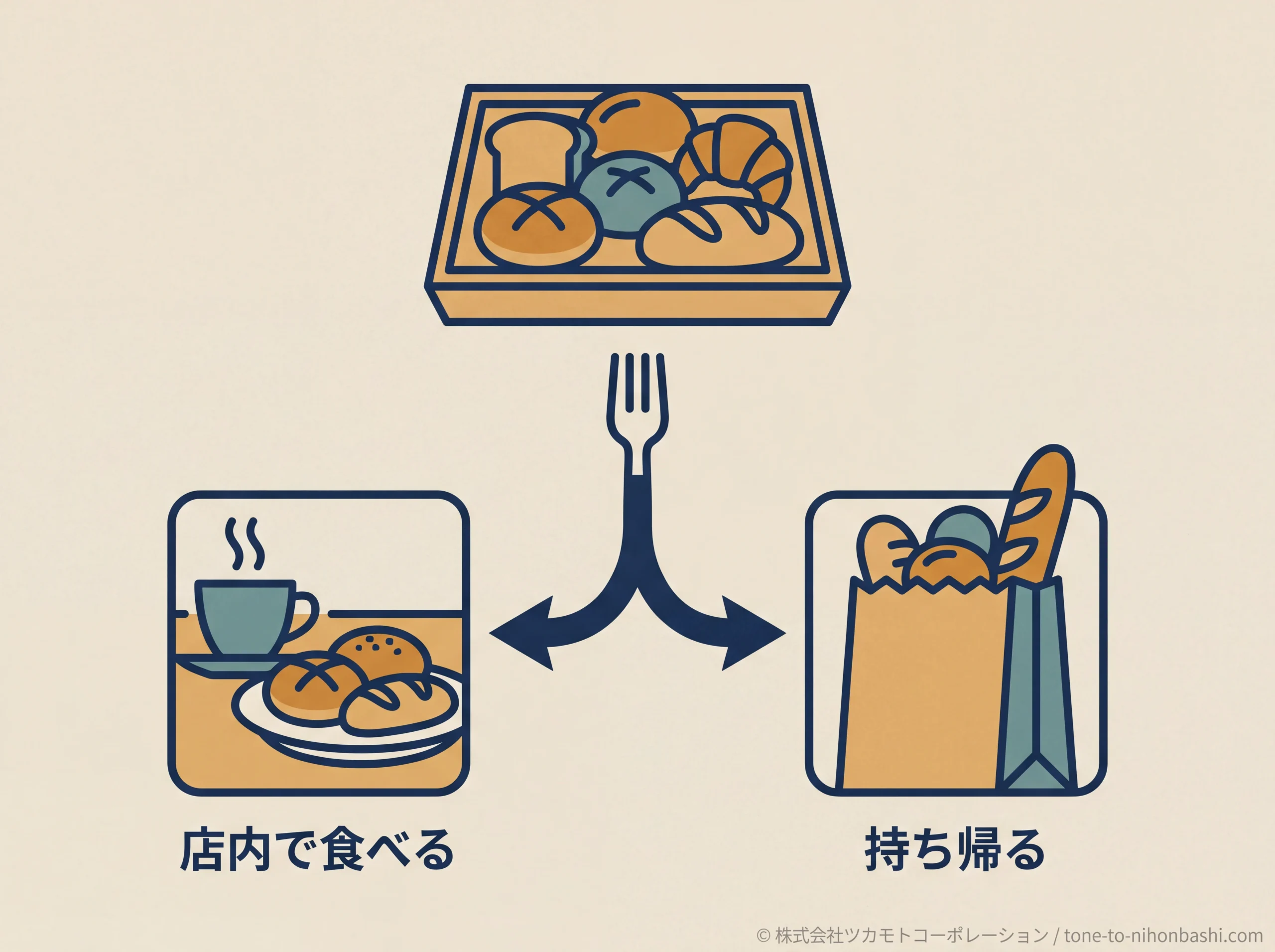 パンを店内で食べるか持ち帰るかの選択