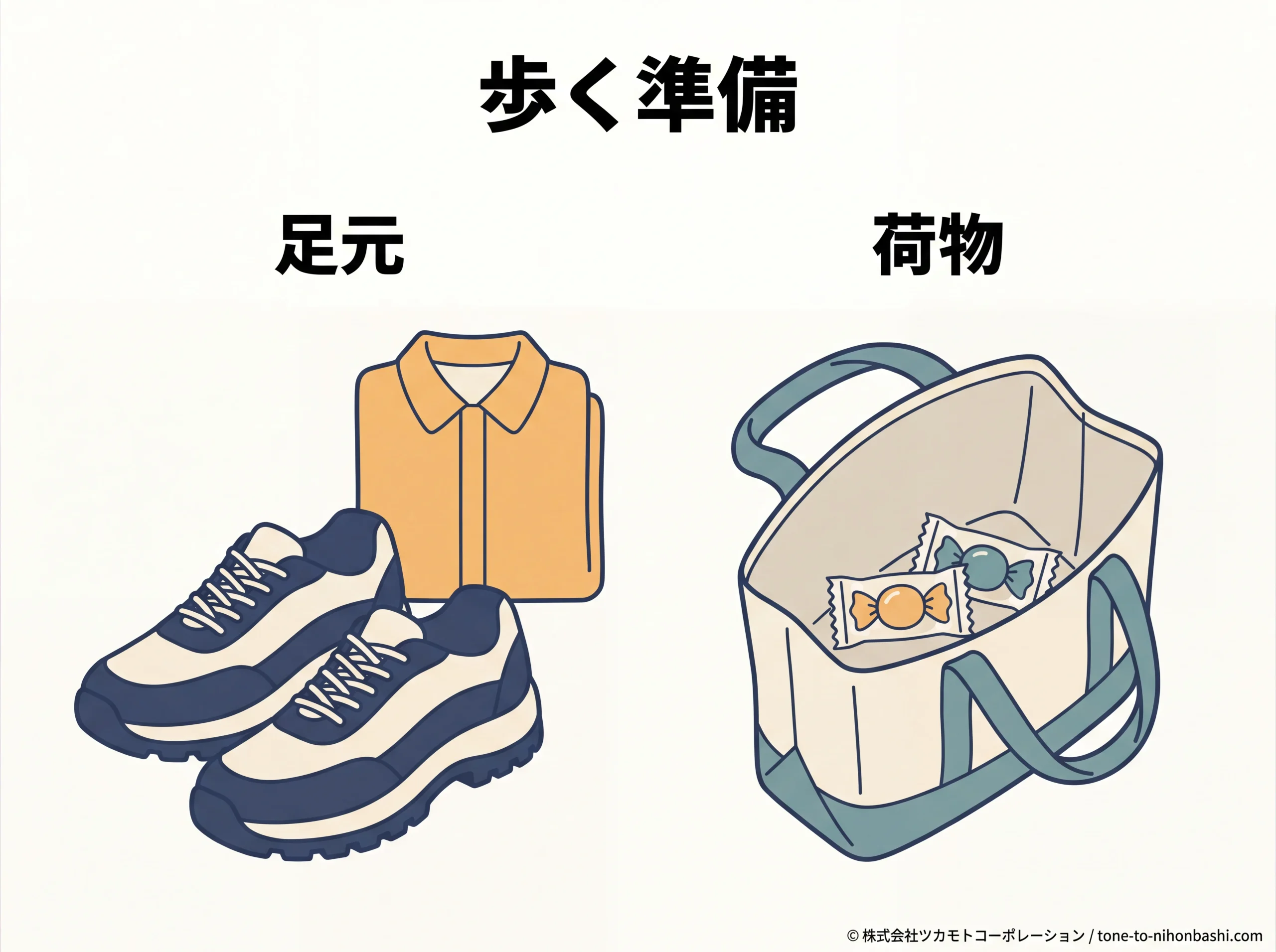 商店街を歩く靴と荷物の準備